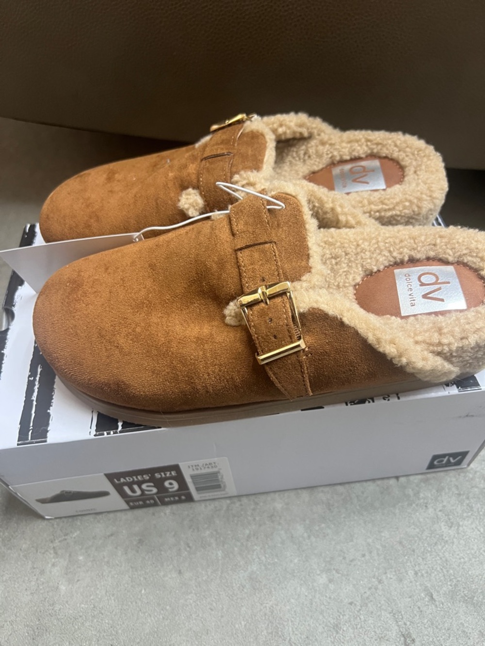 Dolce Vita Chestnut Suede Shearling-Lined Buckle Mules